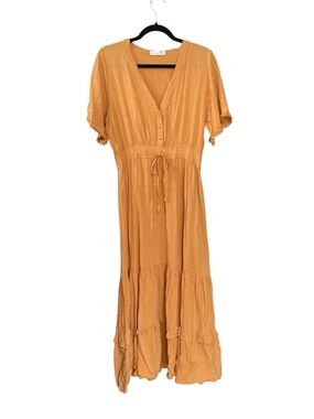 Women's Midi Dress in Mustard Yellow - V-Neck Button Front